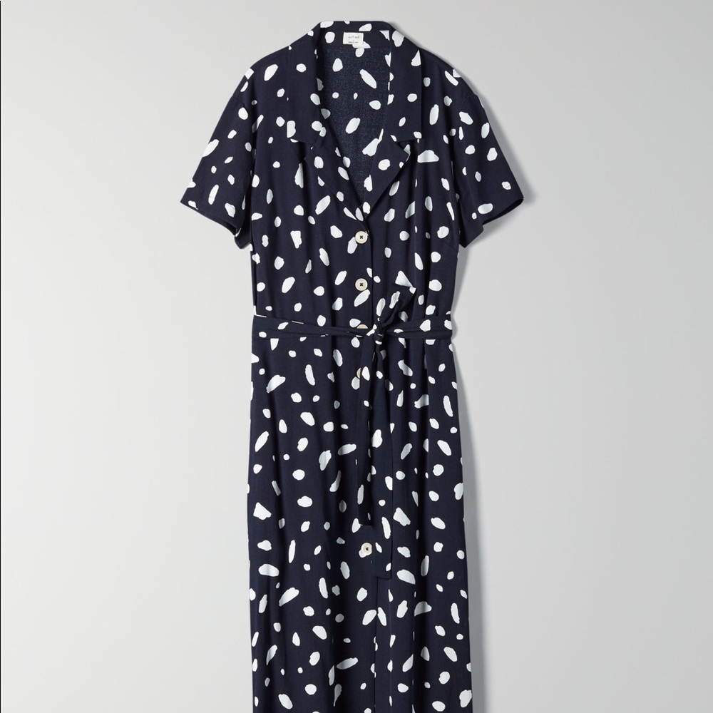 Aritzia Wilfred Navy Polka Dot Shirt Dress XS